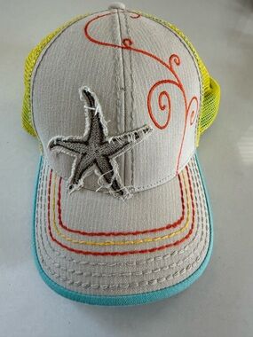 pistil Beige and Yellow Starfish Trucker Hat with Turquoise Trim